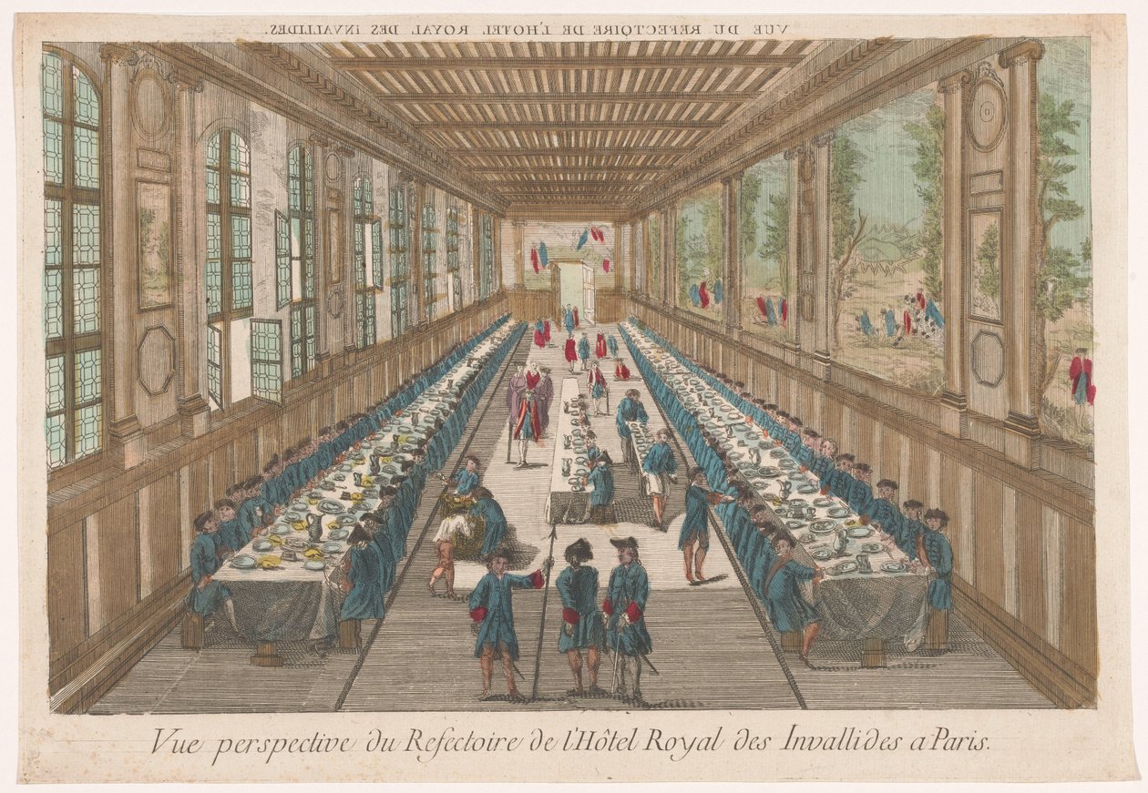 Widok na jadalnię Hôtel des Invalides w Paryżu z grupą jedzącą posiłek Vue perspective du refectoire de l