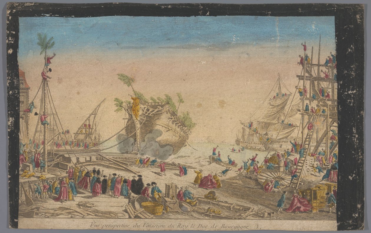 Widok na port w Rochefort z końcem statku Duc de Bourgogne 20 października 1751 r. Vue perspective du vaisseau du roy le Duc de Bourgogne (tytuł na obiekcie) autorstwa Anonymous