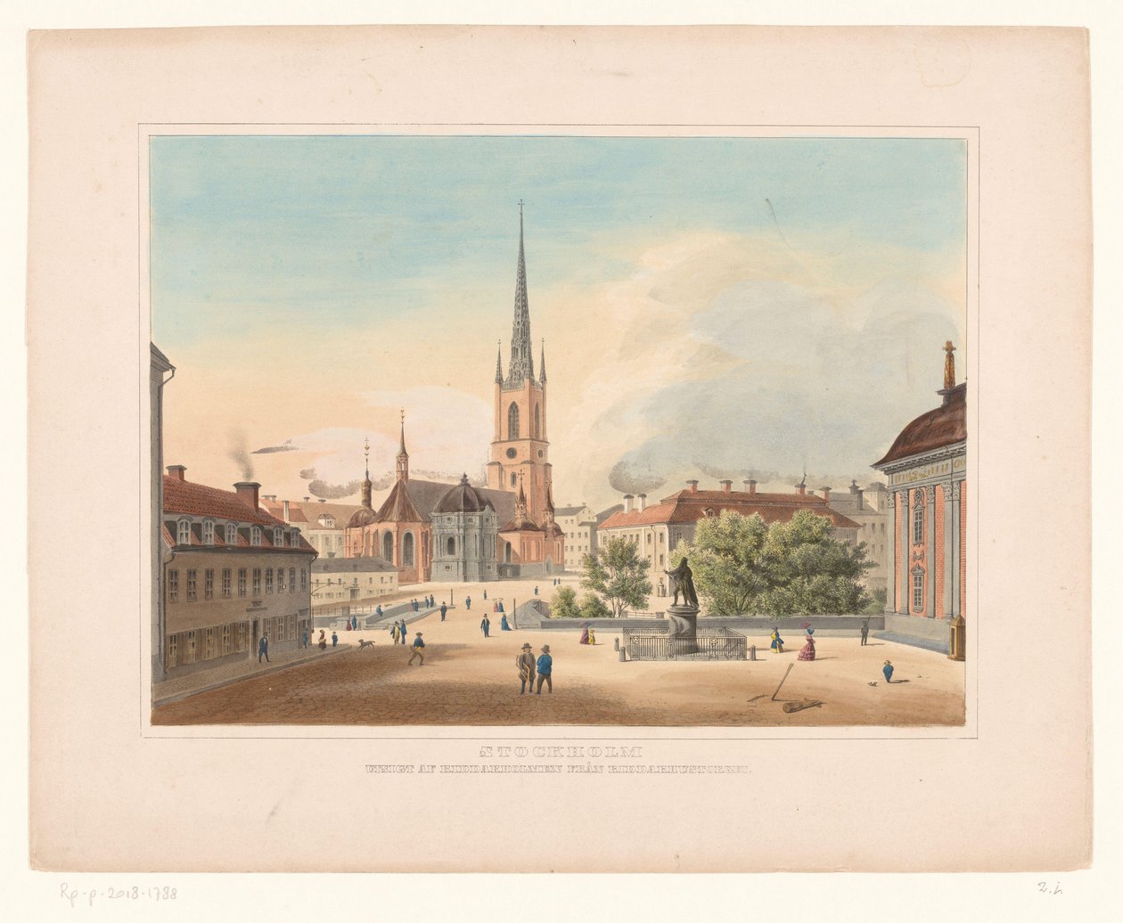 Widok kościoła Riddarholmen w Sztokholmie Sztokholm. Utsigt af Riddakholmen fran Riddarhustorget (tytuł obiektu) autorstwa Anonymous