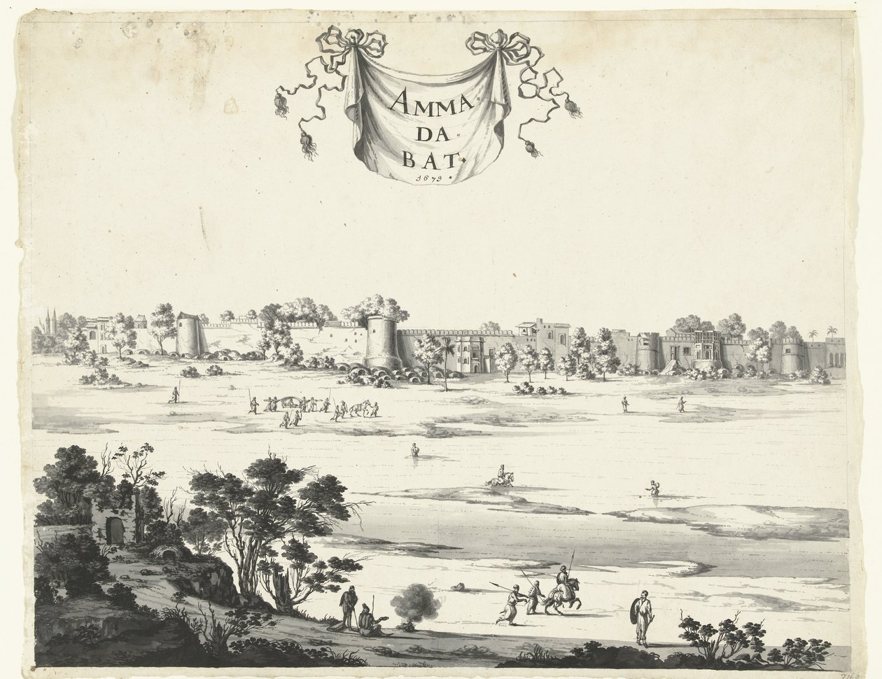 Widok na miasto Ahmadabad Ammadabat (tytuł na obiekcie) Twarze w Indiach z lat 1678-1679 (tytuł serii) autorstwa Anonymous