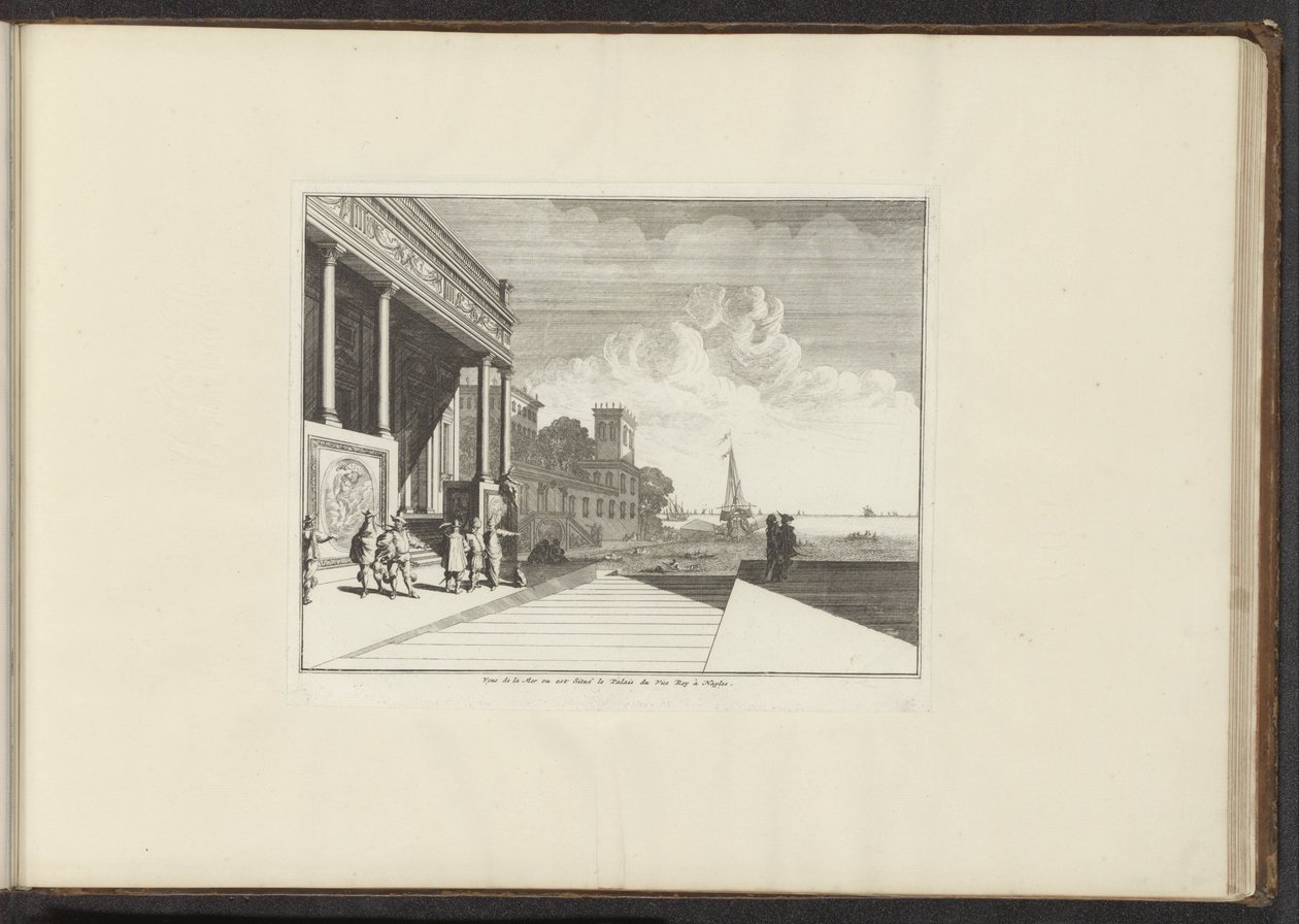 Widok na pałac nad brzegiem morza w Neapolu Veue de la Mer ou est Situé le Palais du Vice Roy à Naples (tytuł obiektu) Pałace i zabytki w Wenecji, Livorno, Neapolu i Rzymie (tytuł serii) autorstwa Anonymous