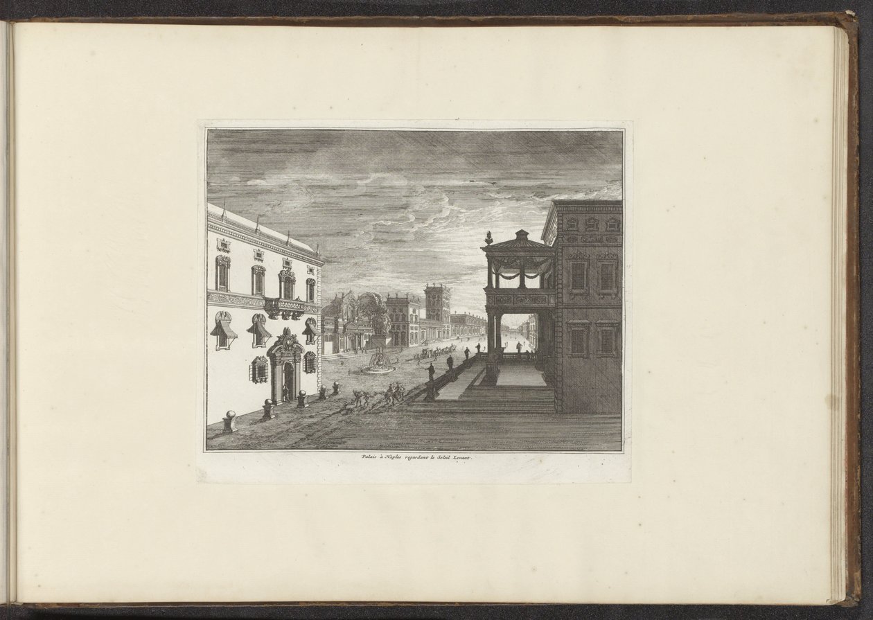 Widok pałacu w Neapolu o zachodzie słońca Palais à Naples gubernator le Soleil Levant (tytuł na obiekcie) Pałace i zabytki w Wenecji, Livorno, Neapolu i Rzymie (tytuł serii) autorstwa Anonymous