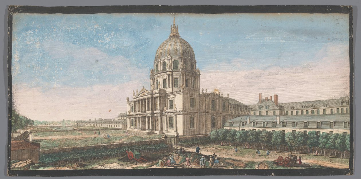 Gezicht op het Hotel des Invalides te Parijs Widok na fronton kopuły kościoła i część zabudowań Hôtel Royal des Invalides (tytuł na obiekcie) autorstwa Anonymous