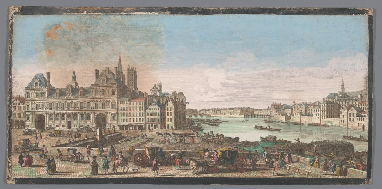 Gezicht op het Stadhuis en de rivier de Seine te Parijs Widok na paryski ratusz. Gdzie widzimy w oddali Pont Marie i Pont de Bois zwane Pont Rouge (tytuł na obiekcie) autorstwa Anonymous