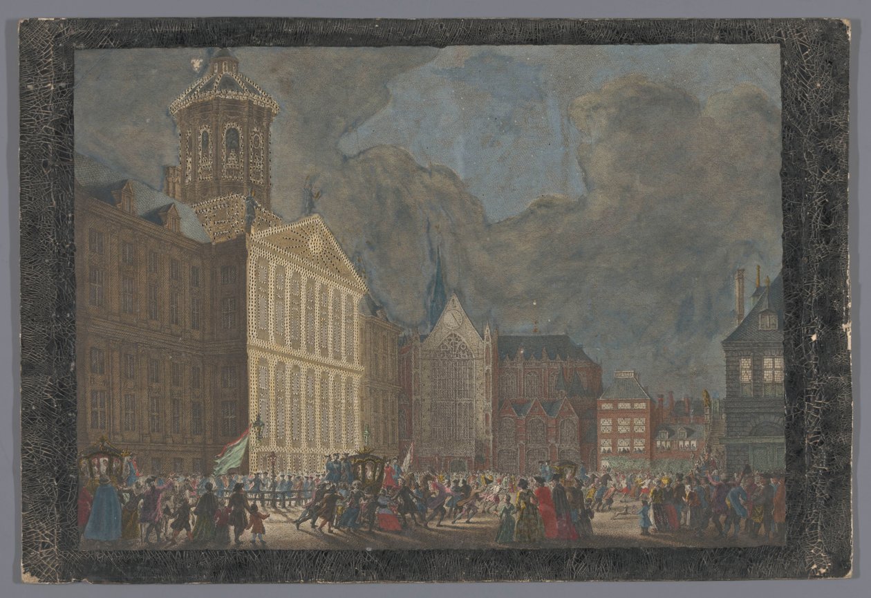 Widok ratusza w Amsterdamie z przybyciem Wilhelma V i Wilhelminy Pruskiej na Plac Dam 31 maja 1768 autorstwa Anonymous