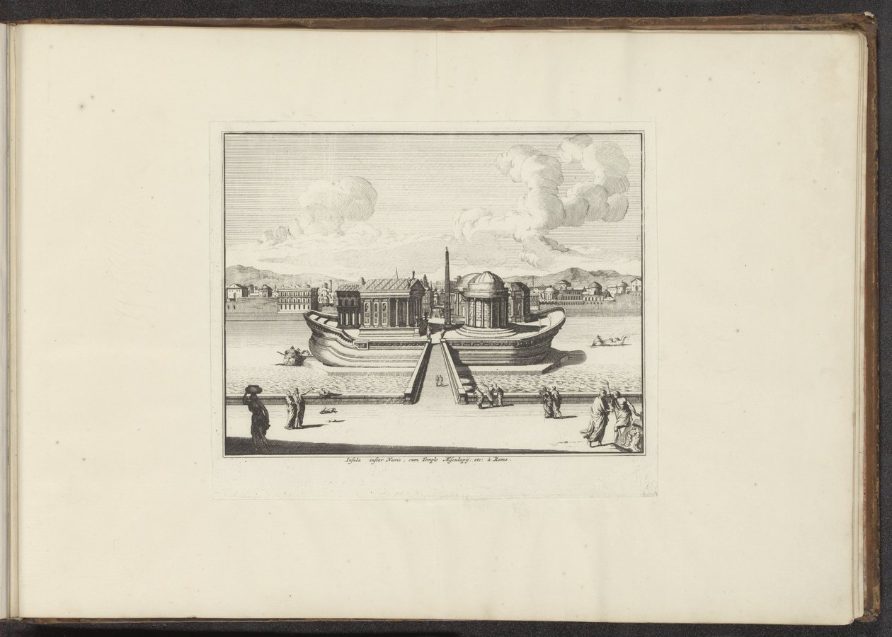 Widok na Wyspę Tybru w Rzymie Instar Instar Navis, cum Templo Aesculapij. itp: à Rome (tytuł na obiekcie) Pałace i zabytki w Wenecji, Livorno, Neapolu i Rzymie (tytuł serii) autorstwa Anonymous