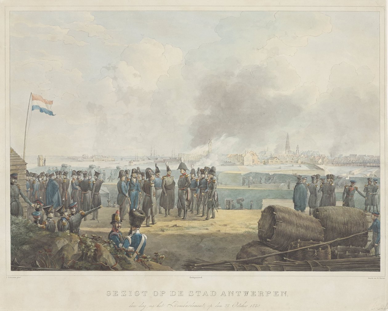 Widok miasta Antwerpia, dzień po bombardowaniu, 28 października 1830 r. (tytuł na obiekcie) autorstwa Anonymous