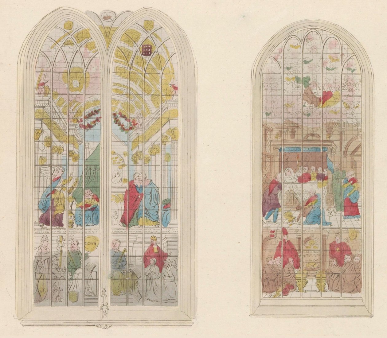 Glasramen in de Oude Kerk te Amsterdam, 1810-1825 Reprezentacja słynnych malowanych okien starego kościoła (tytuł na obiekcie) autorstwa Anonymous