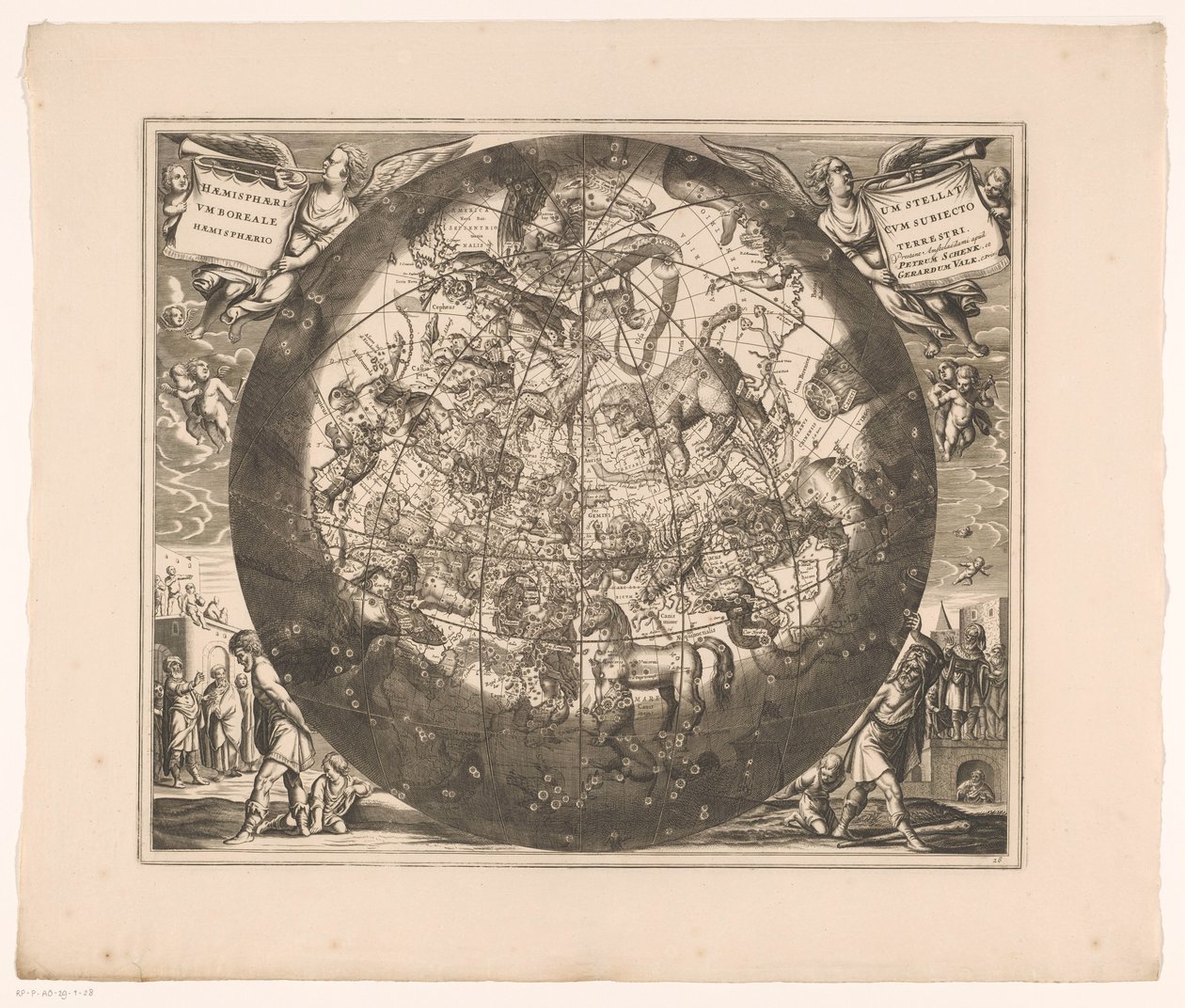 Mapa nieba z północnymi konstelacjami Haemisphaerium stellatum boreale cum subiecto haemisphaerio terrestri (tytuł na obiekcie) autorstwa Anonymous