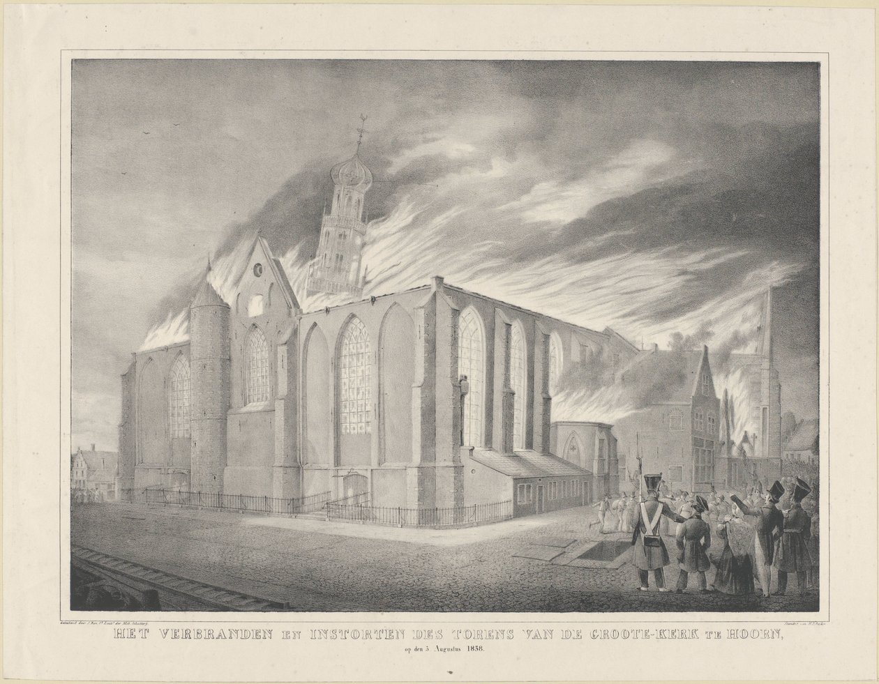Spalenie i zawalenie się wież Groote-Kerk w Hoorn, 3 sierpnia 1838 (tytuł na obiekcie) autorstwa Anonymous
