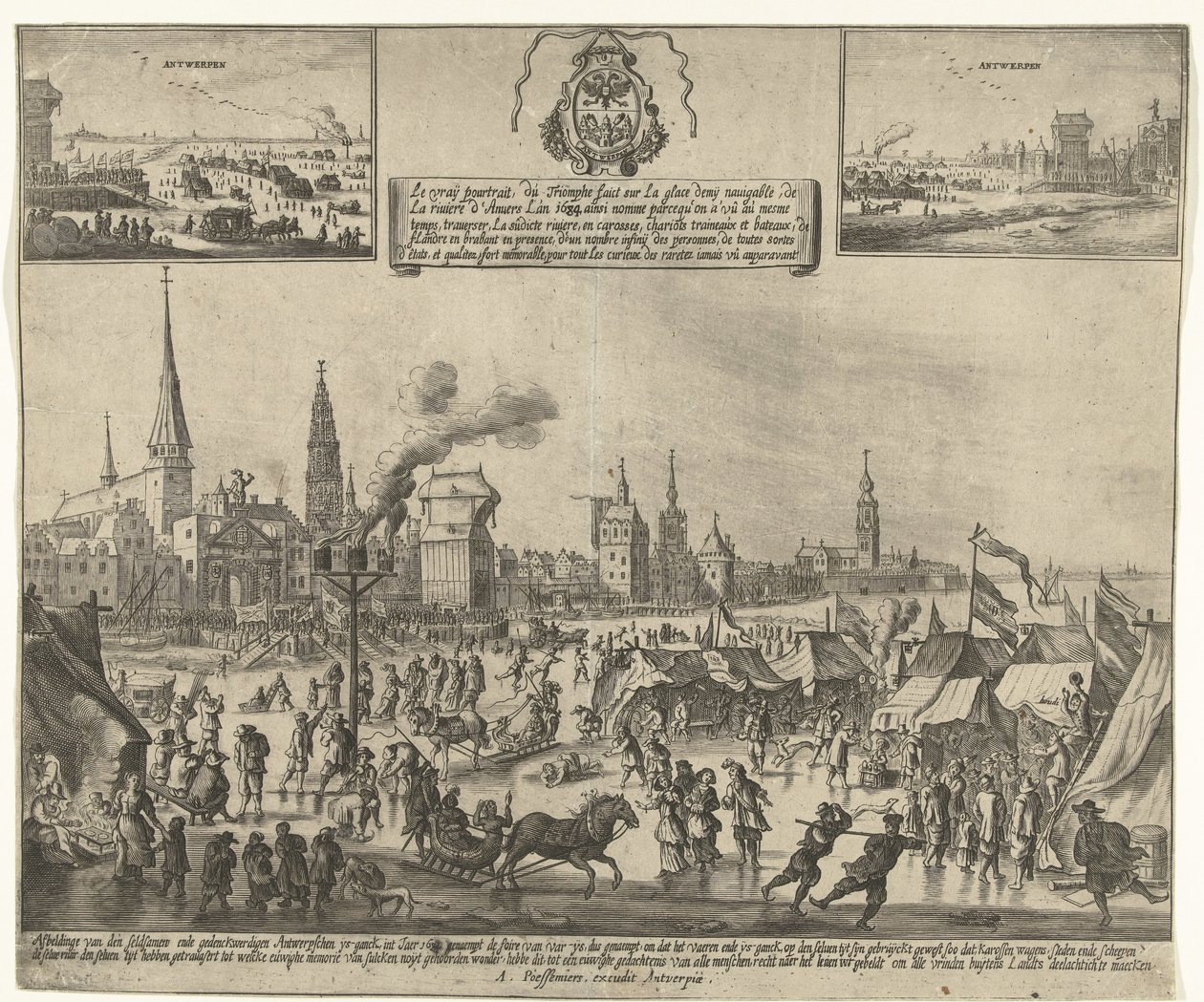 Rozrywka na lodzie na zamarzniętej Skaldzie w Antwerpii, 1684 Le vray poutraict, du Triomphe faict sur la glace demy navigable, de la riviere d