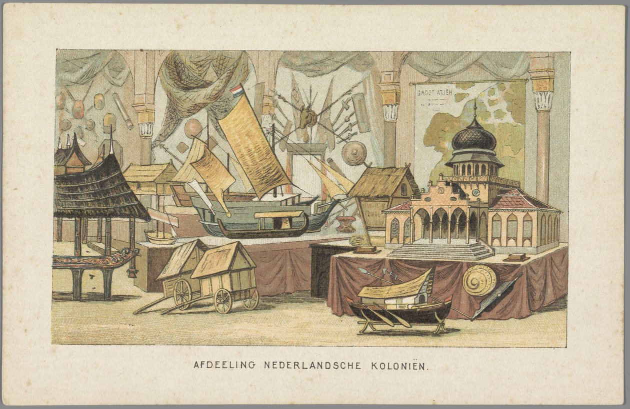 W budynku kolonii holenderskich na Wystawie Światowej w Amsterdamie, 1883 Departament Kolonii Holenderskich (tytuł na obiekcie) Pamięć Amsterdamu w 1883 roku (tytuł serii na obiekcie) autorstwa Anonymous
