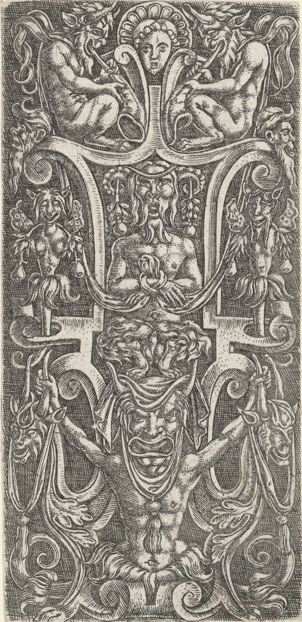 W środku satyr na mężczyźnie z dużą maską Dekoracje powierzchniowe z groteskami w scrollworku (tytuł serii) autorstwa Anonymous