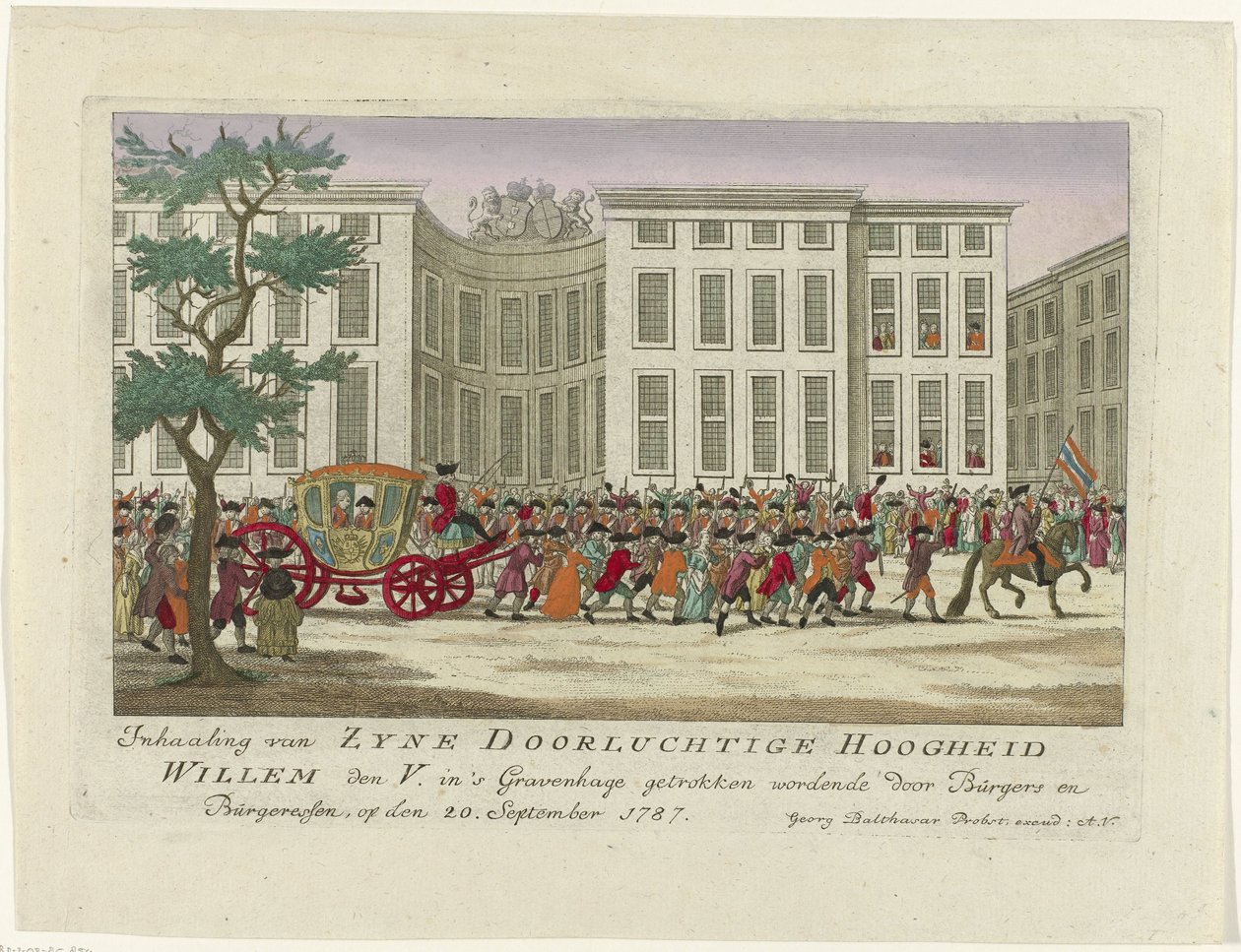 Wyprzedzanie księcia Orańskiego, 1787 Wyprzedzanie Zyne Serene Highness Willem den V. rysowany w Hadze przez Burgers i Burgeressen, 20 września 1787 (tytuł na obiekcie) Kolorowe niemieckie druki o wydarzeniach z autorstwa Anonymous