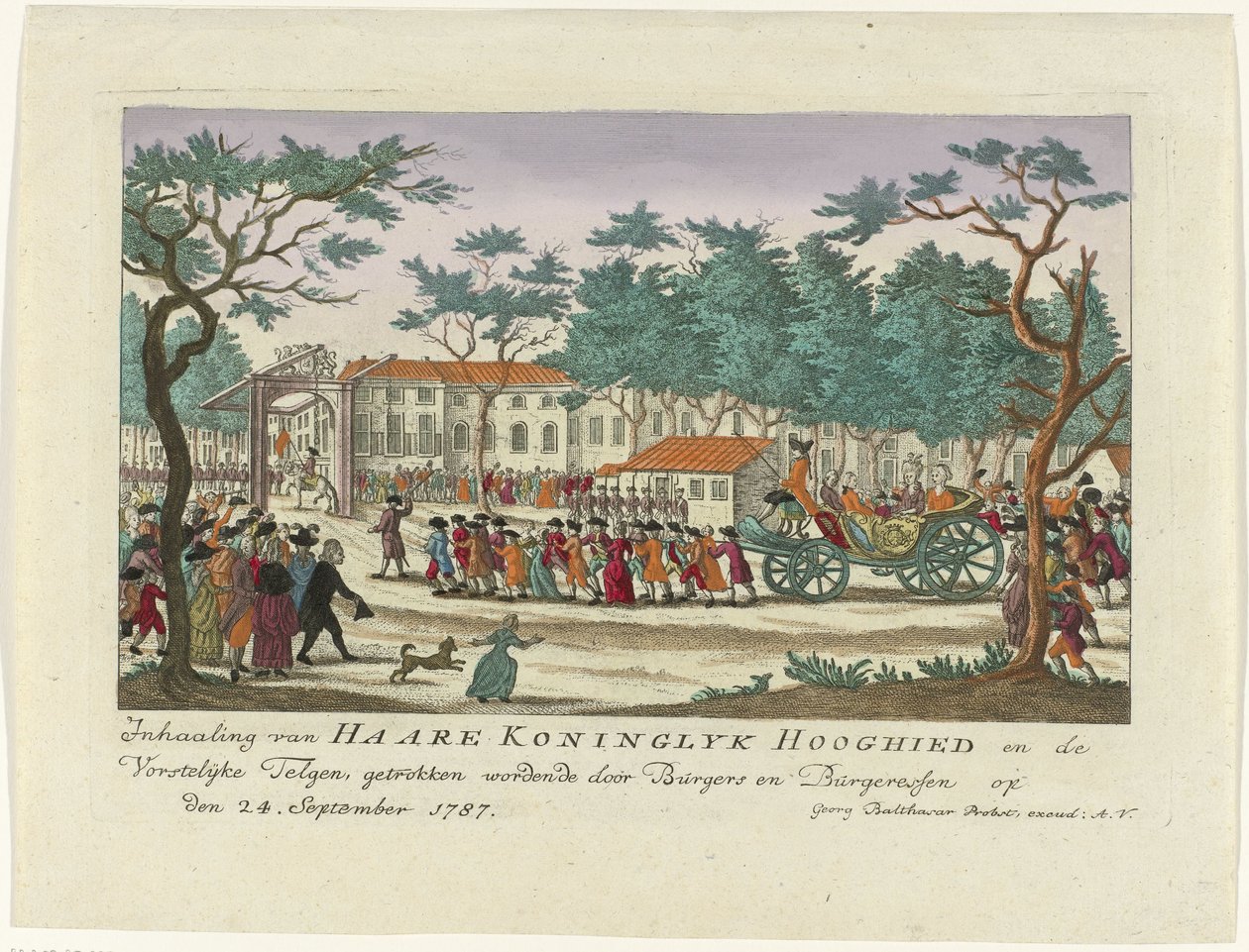 Wyprzedzanie Księżnej Orańskiej i Dzieci, 1787 Wyprzedzanie Haare Koninglyk Hooghied and the Royal Scions, narysowane przez Burgers i Burgeressen w dniu 24 września 1787 (tytuł na obiekcie) Kolorowe niemieckie druki o wydarzeniu autorstwa Anonymous