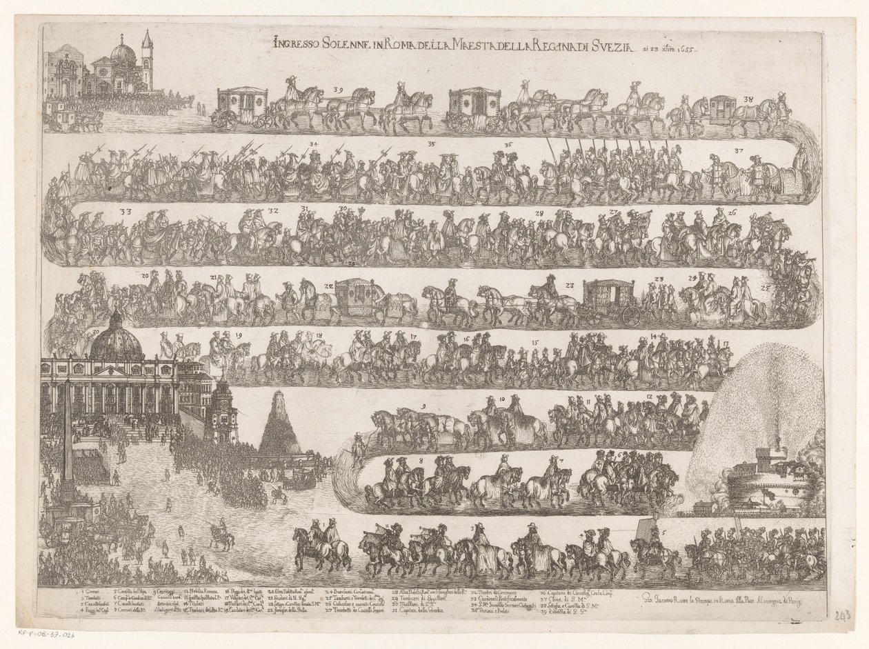 Wjazd do Rzymu królowej Szwecji Krystyny Ingresso Solenne in Roma della Maestra della Regina di Svezia ai 23 xbre 1655 (tytuł na obiekcie) autorstwa Anonymous
