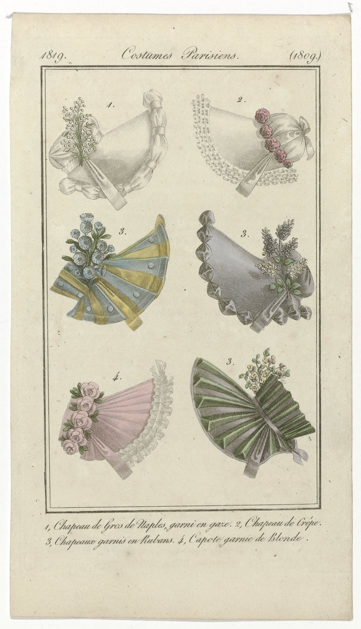 Journal des Dames et des Modes, Costumes Parisiens, 15 kwietnia 1819, (1809): 1, Gros de Naples Hat (...) autorstwa Anonymous