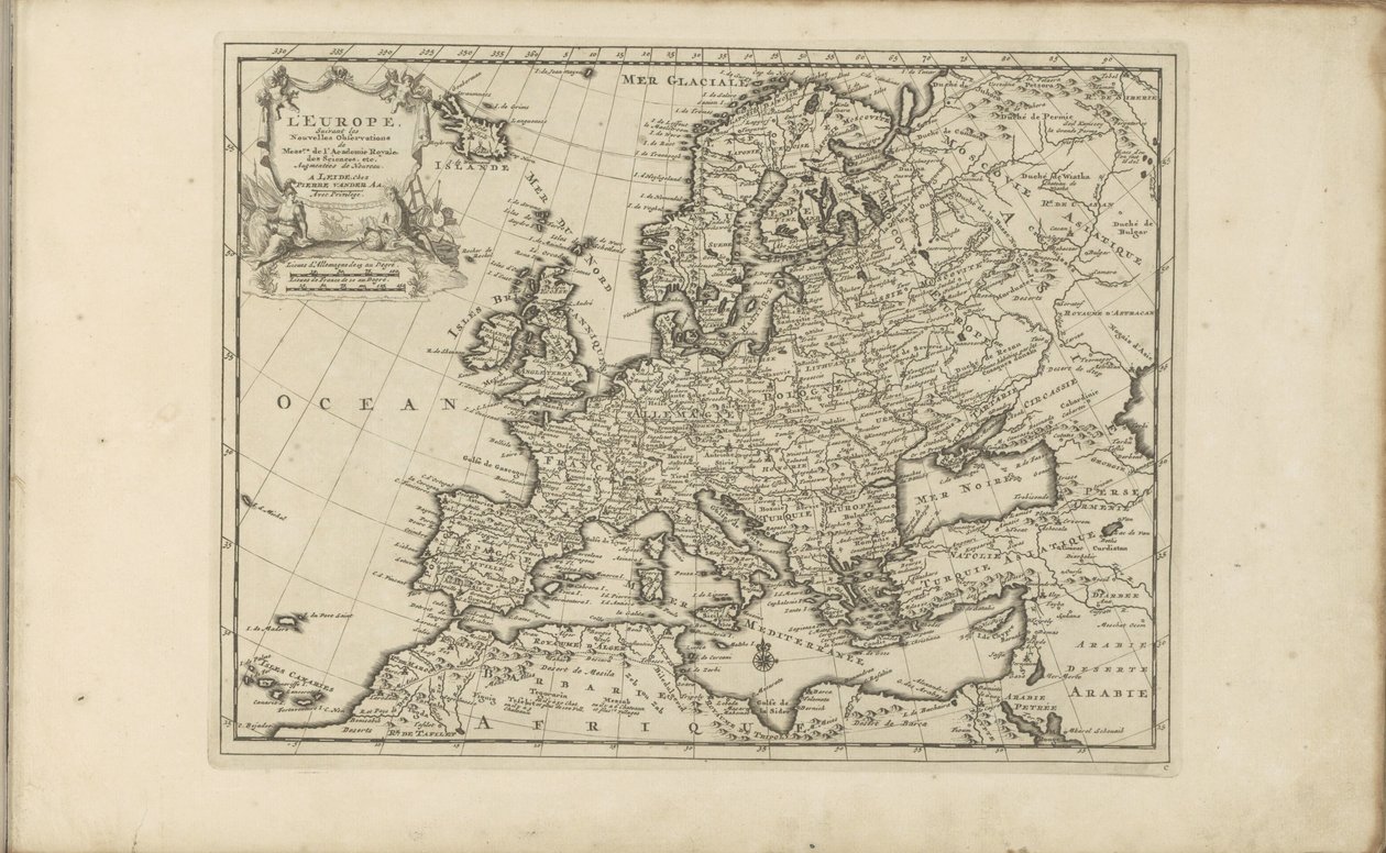 Kaart van Europa Europa według nowych obserwacji panów z Królewskiej Akademii Nauk itp. Rozszerzony Nowy (tytuł na obiekcie) Indie Wschodnie i Zachodnie oraz inne miejsca (tytuł serii) autorstwa Anonymous