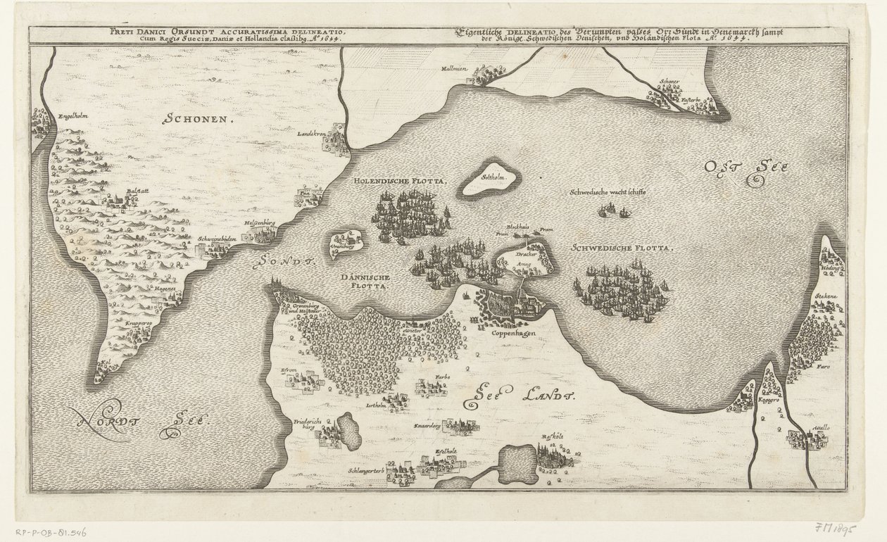 Kaart van de zeeslag tussen de Zweedse en Deense vloten in de Belt, 1644 Najdokładniejszy wykres Cieśniny Duńskiej Orsundt z klasyfikacją króla Szwecji, Danii i Holandii. Ao. 1644 (tytuł na obiekcie) Przechodzi Eigentliche Delineatio des Berumpten Or. Sünd autorstwa Anonymous