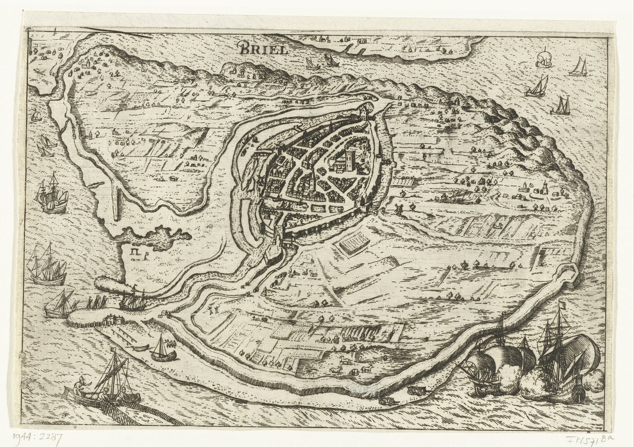 Mapa wyspy Voorne i mapa Brielle, 1572 Briel (tytuł na obiekcie) autorstwa Anonymous