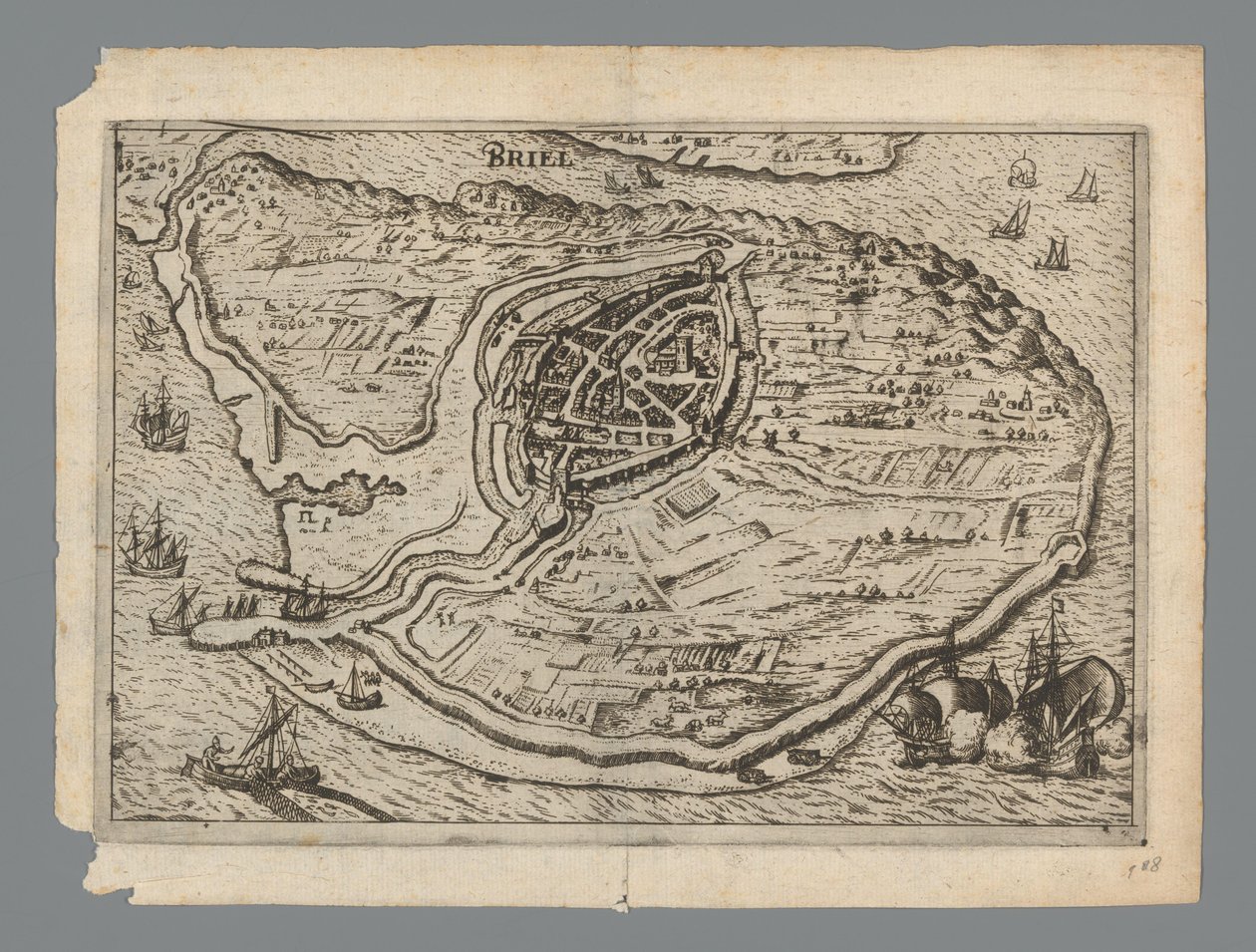 Mapa wyspy Voorne i mapa Brielle, 1572 Briel (tytuł na obiekcie) autorstwa Anonymous