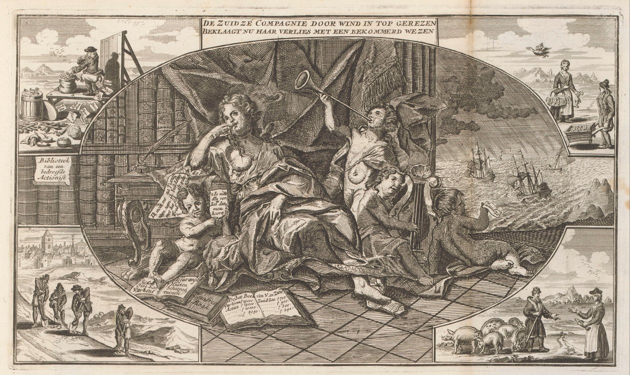 Skarga Kompanii Mórz Południowych, 1720 Kompania Zuidzé wznosi się na szczyt przez wiatr / Teraz opłakuje swoją utratę z zatroskanym stworzeniem (tytuł na obiekcie) Wielka scena szaleństwa (tytuł serii) autorstwa Anonymous