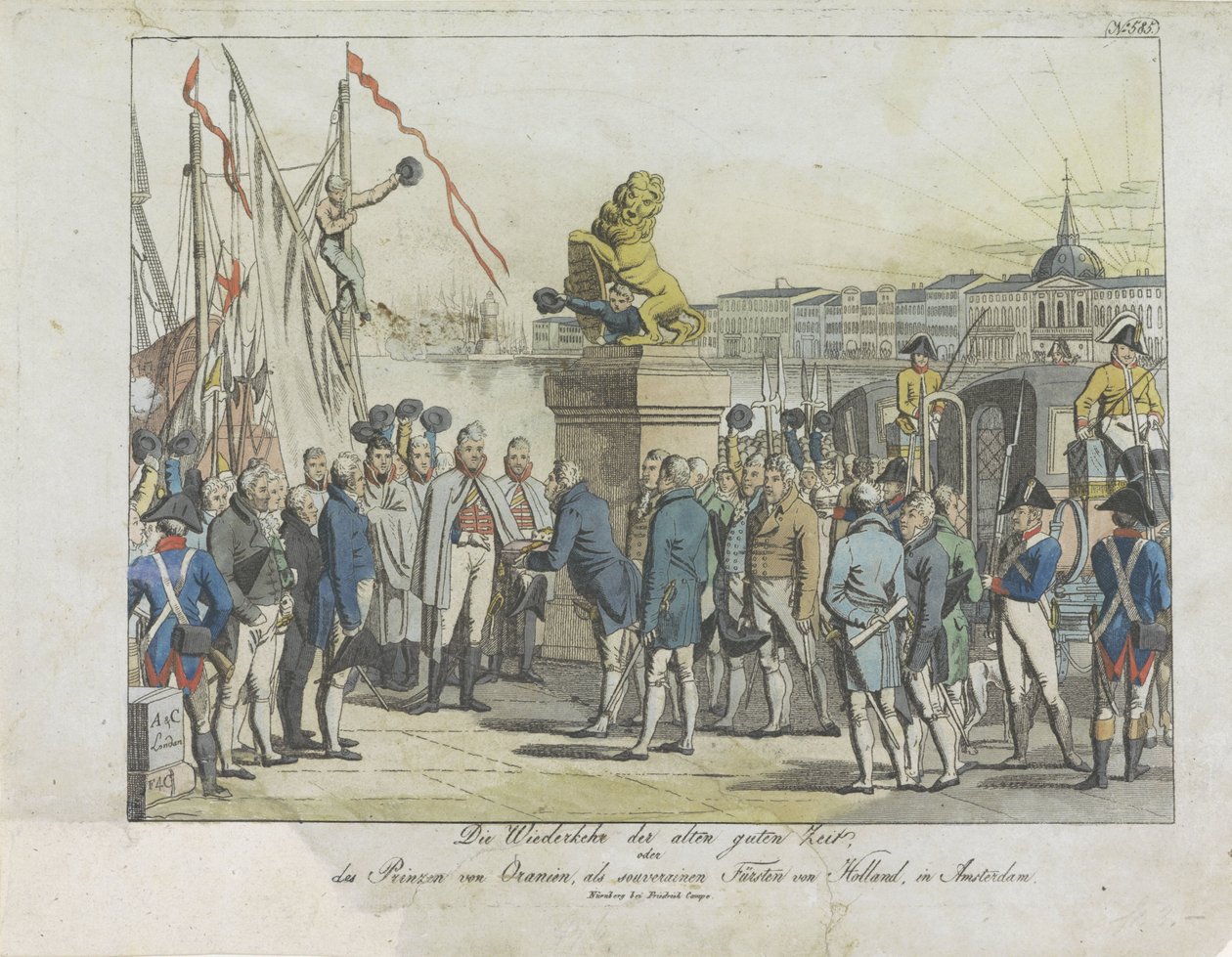 Komst van de Souverein Vorst te Amsterdam, 1813. Powrót starych dobrych czasów, (...) Książę Orański jako suwerenny książę Holandii w Amsterdamie (tytuł na obiekcie) autorstwa Anonymous