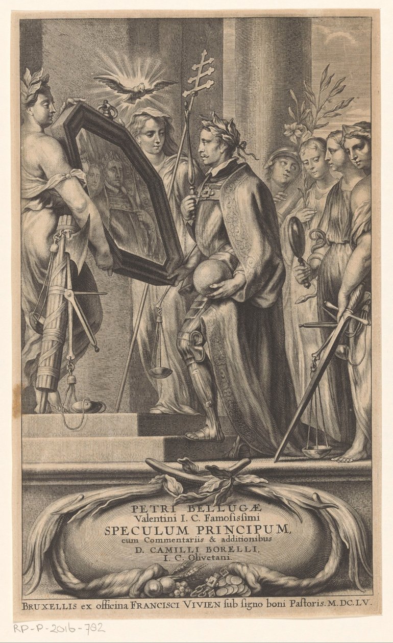 Sprawiedliwość i Wiara trzymają króla w lustrze Strona tytułowa dla: Petrus Belluga i Camillo Borello, Speculum principum, 1655 autorstwa Anonymous