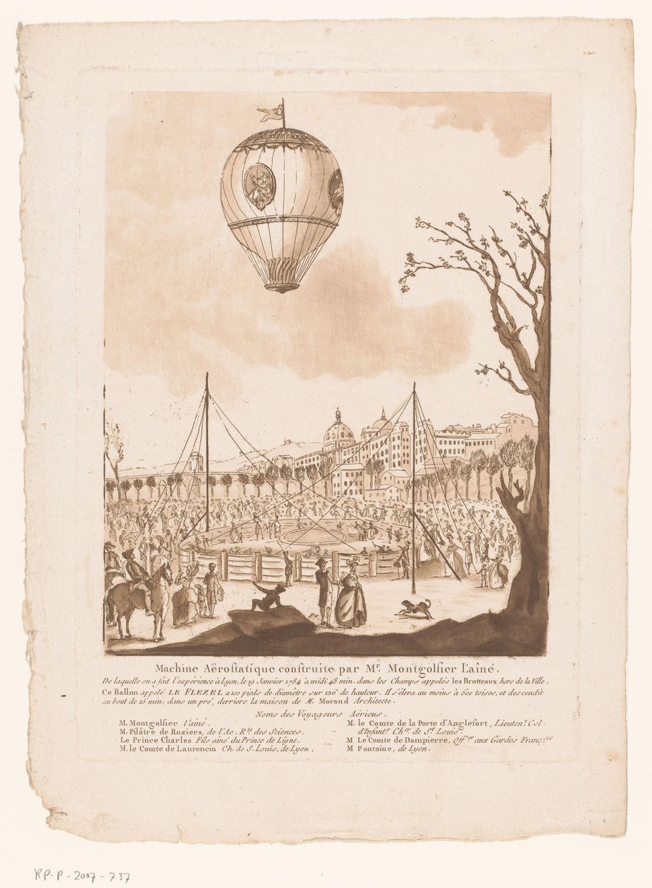 Luchtballon, Le Flezel, van Joseph-Michael Montgolfier Starszy buiten Lyon Maszyna aerostatyczna zbudowana przez pana Montgolfiera Starszego (tytuł na obiekcie) autorstwa Anonymous