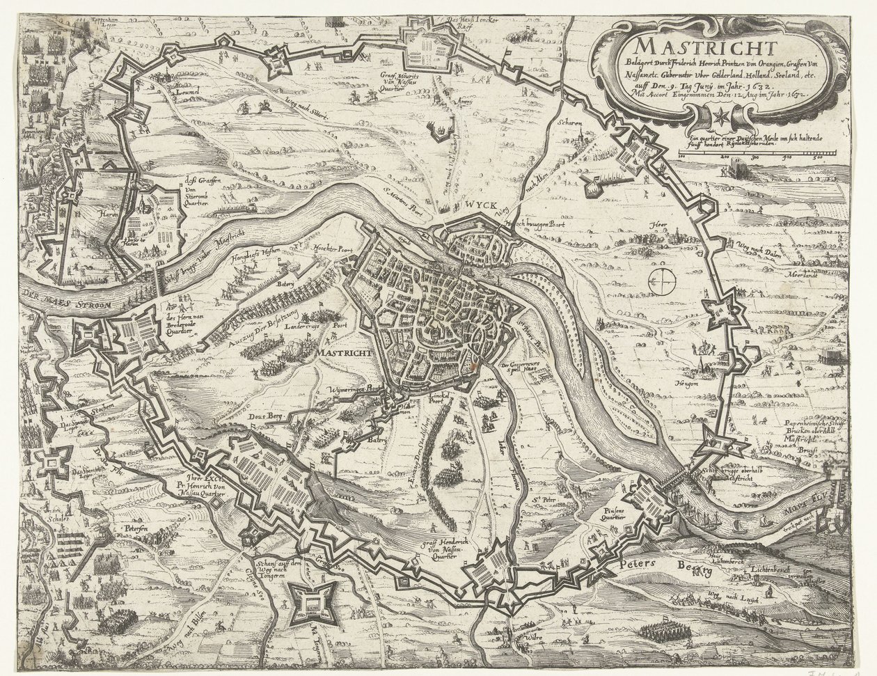 Maastricht zajęte przez Frederika Hendrika, 1632 Maestricht oblegany przez Fridericha Henricha Printzen von Orangien (...) dnia 9 czerwca 1632 r. Wzięty z Accortem 12 sierpnia 1632 r. (tytuł na obiekcie) autorstwa Anonymous