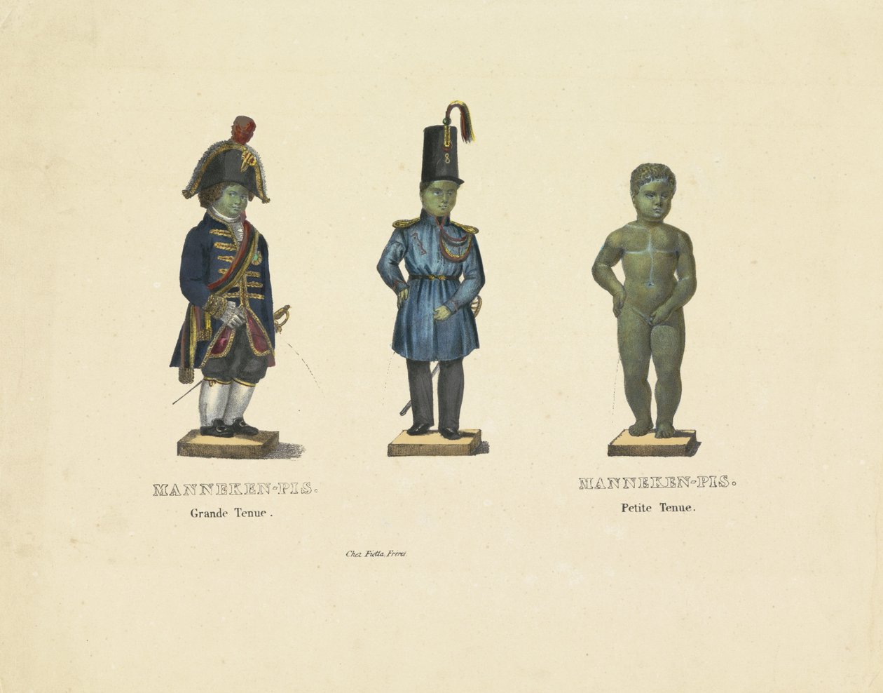 Manneken Pis w różnych strojach, 1817 Manneken-Pis. Wielki strój. Manneken-Pis. Petite outfit (tytuł na obiekcie) autorstwa Anonymous