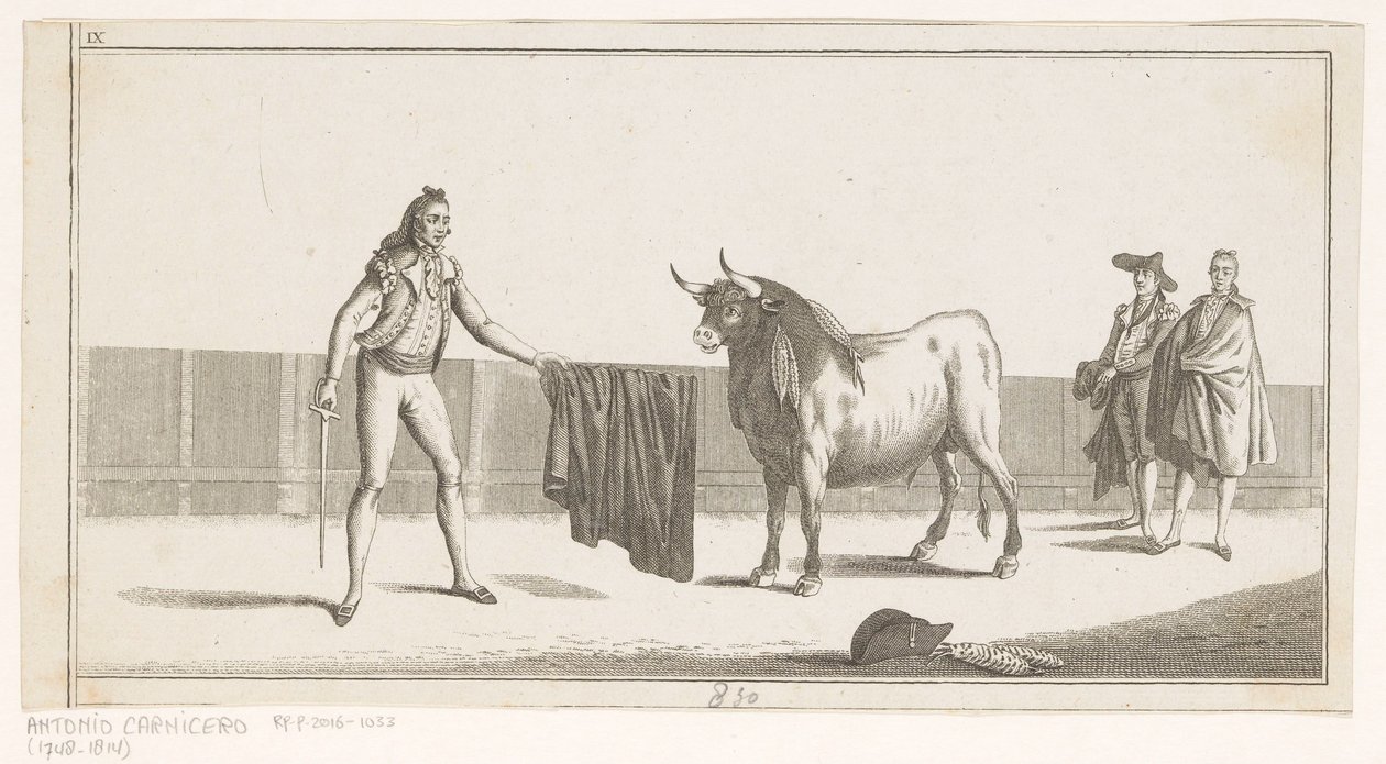 Matador rzuca wyzwanie bykowi Coleccion de las principales suertes de una corrida de toros (tytuł serii na obiekcie) Zbiór najważniejszych manewrów walki byków (tytuł serii) autorstwa Anonymous