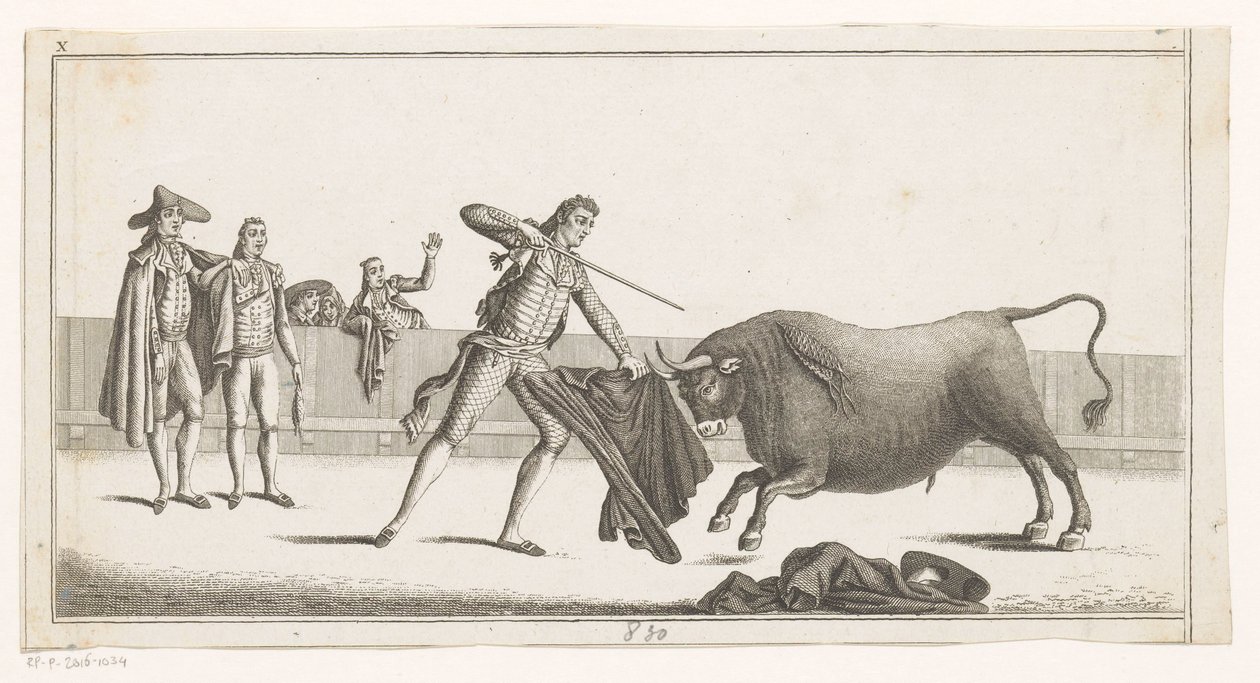 Matador rzuca wyzwanie bykowi Coleccion de las principales suertes de una corrida de toros (tytuł serii na obiekcie) Zbiór najważniejszych manewrów walki byków (tytuł serii) autorstwa Anonymous