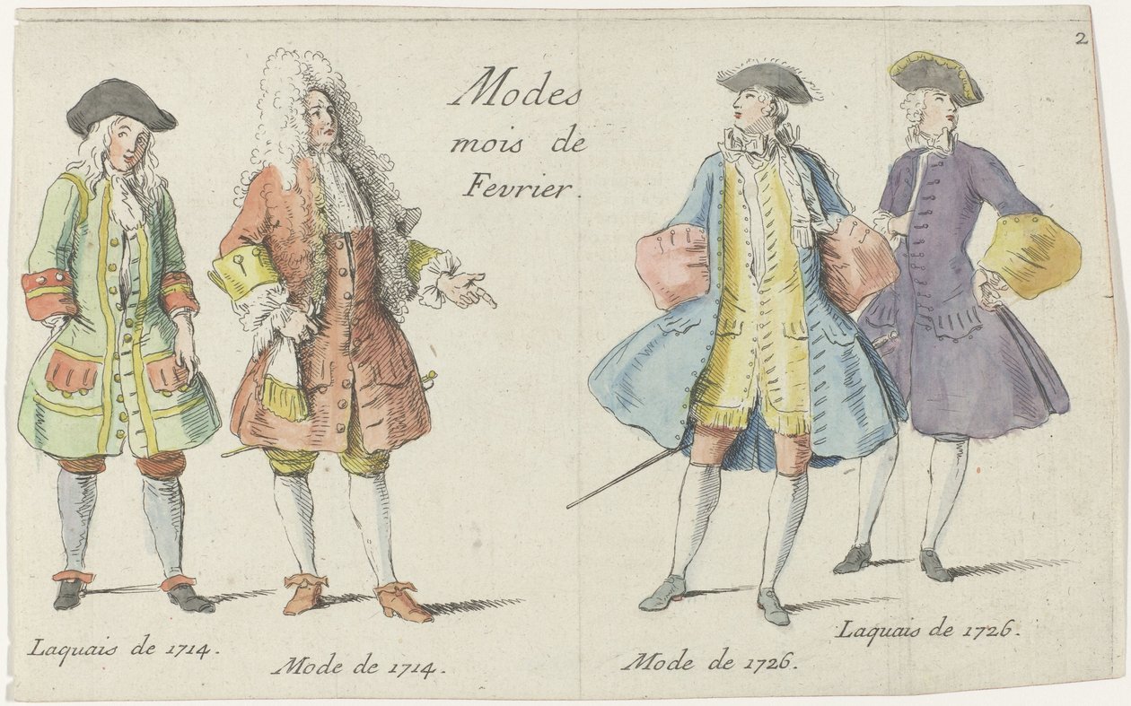 Modes Mois de Fevrier (tytuł na obiekcie) Czterech mężczyzn ubranych w stylu lat 1714 i 1726 Mercure de France (tytuł serii) autorstwa Anonymous