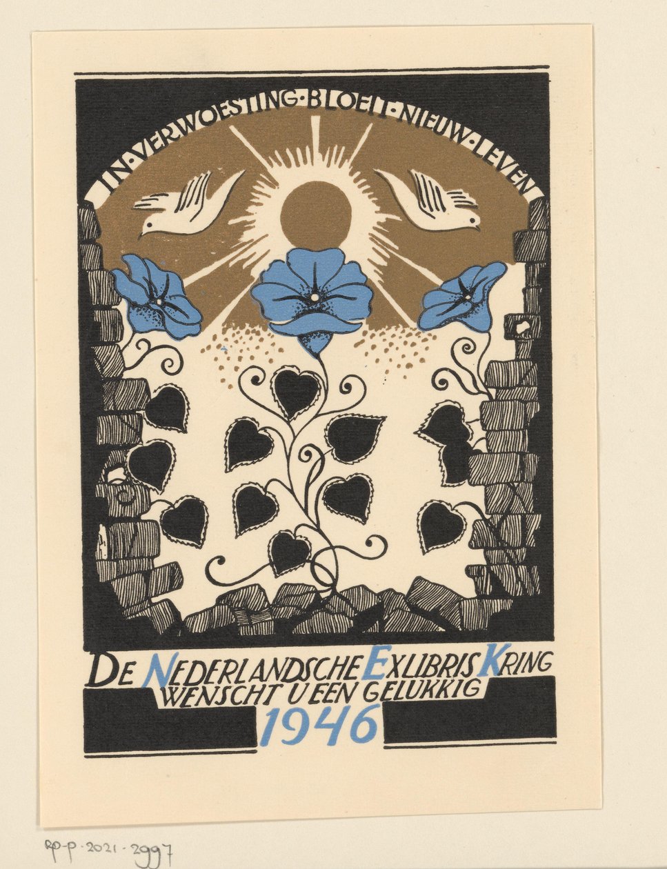 Życzenie noworoczne na rok 1946 od Holenderskiego Koła Ekslibrisów autorstwa Anonymous