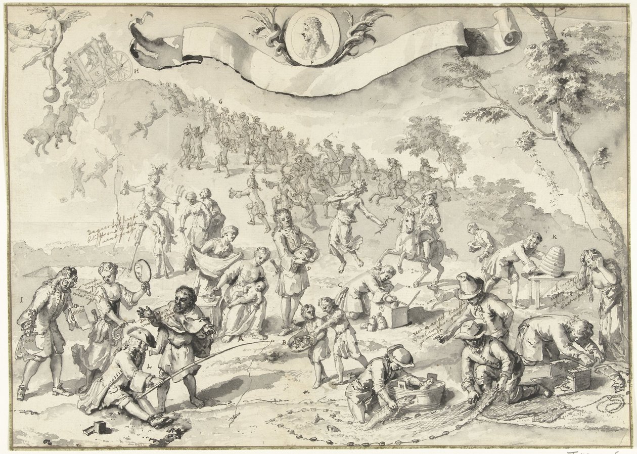 Rysunek projektowy do druku Chciwość próbuje wyprzedzić Fortunę, 1720 Wielka scena szaleństwa (tytuł serii) autorstwa Anonymous