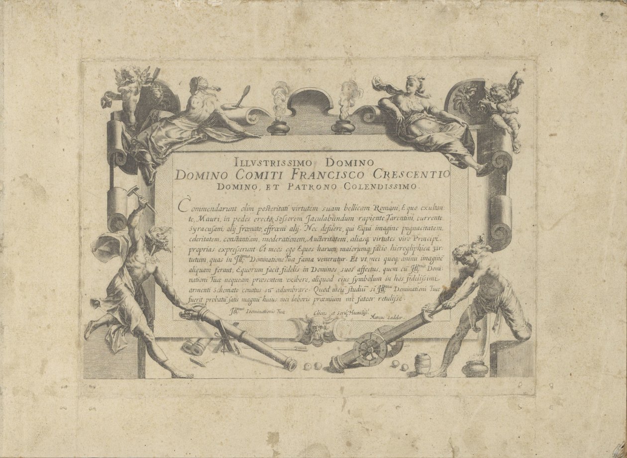 Ornamenteel kartusz spotkał się z prehandem aan de schilder Francesco Crescenzi Koń, w którym wszystkie rodzaje szlachty: wybrane zachowania koni wyróżnionych z różnych stron świata (...) (tytuł serii na obiekcie) autorstwa Anonymous