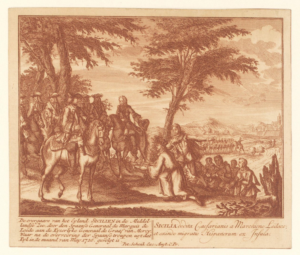Kapitulacja Sycylii przez Hiszpanów Francuzom, maj 1720 Kapitulacja Eyland Sicilien na Morzu Śródziemnym (...) (tytuł na obiekcie) autorstwa Anonymous