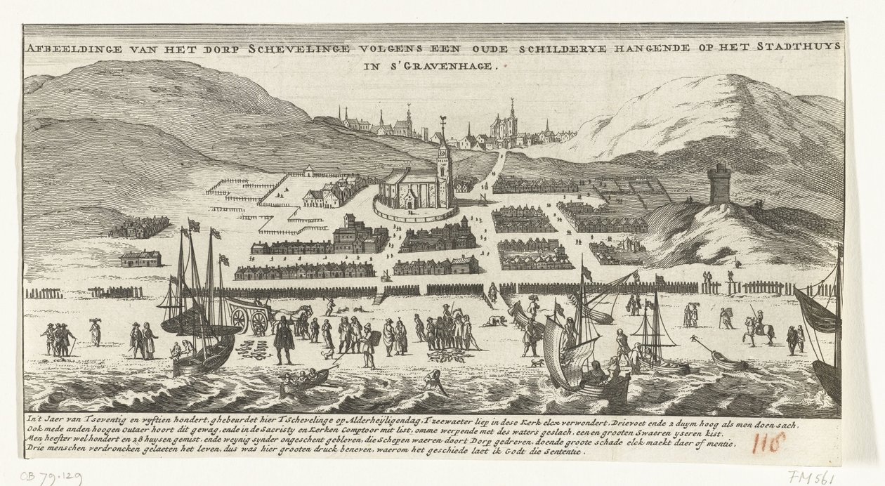 Powódź w Scheveningen w dniu Wszystkich Świętych, 1 listopada 1570 Wizerunek wsi Schevelinge według starego obrazu wiszącego na Stadthuys w Hadze (tytuł na obiekcie) autorstwa Anonymous