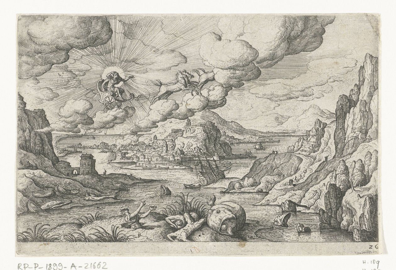 Phaethon jeździ słonecznym rydwanem Pejzaże ze scenami mitologicznymi i biblijnymi (tytuł serii) autorstwa Anonymous