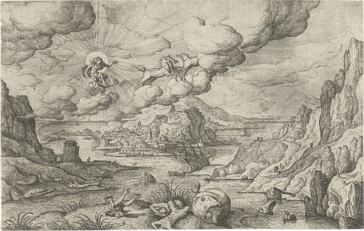 Phaethon jeździ słonecznym rydwanem Pejzaże ze scenami mitologicznymi i biblijnymi (tytuł serii) autorstwa Anonymous