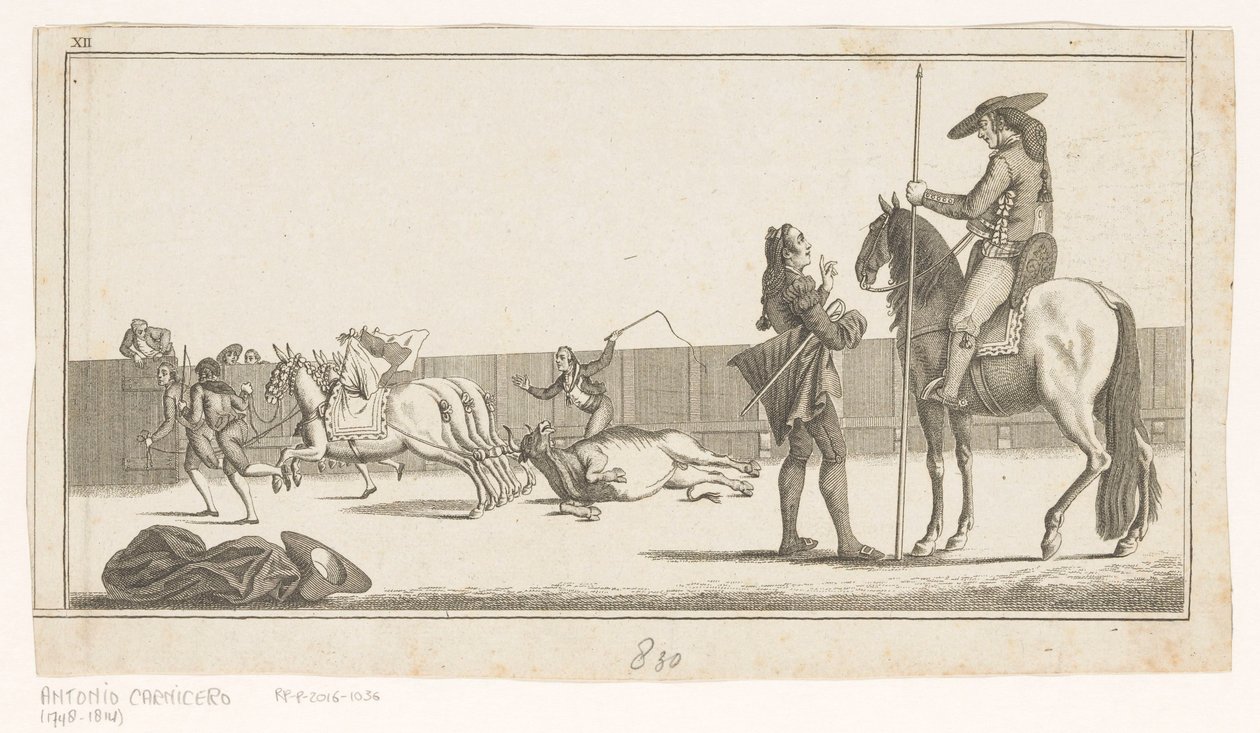 Picador i matador po zabiciu byka Coleccion de las principales suertes de una corrida de toros (tytuł serii na obiekcie) Zbiór najważniejszych manewrów walki byków (tytuł serii) autorstwa Anonymous