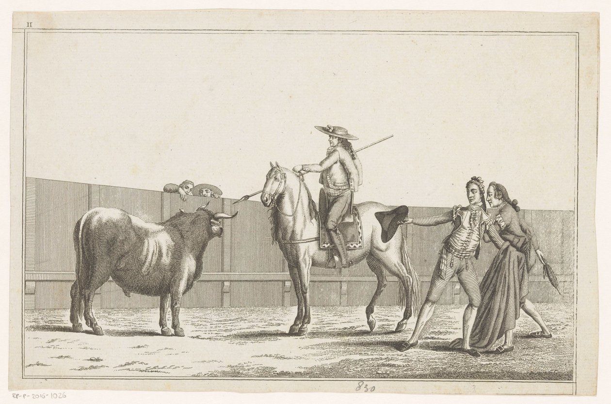 Picador celuje lancą w byka Coleccion de las principales suertes de una corrida de toros (tytuł serii na obiekcie) Zbiór najważniejszych manewrów walki byków (tytuł serii) autorstwa Anonymous