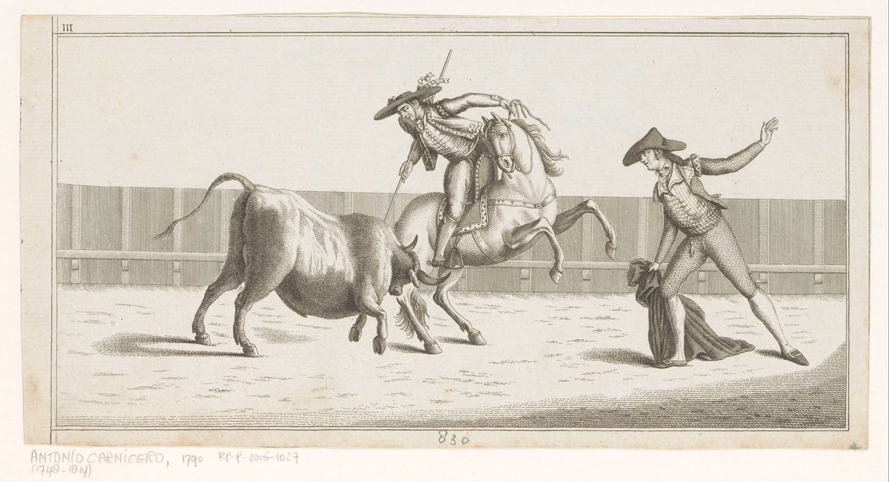 Picador wbija lancę w byka Coleccion de las principales suertes de una corrida de toros (tytuł serii na obiekcie) Zbiór najważniejszych manewrów walki byków (tytuł serii) autorstwa Anonymous