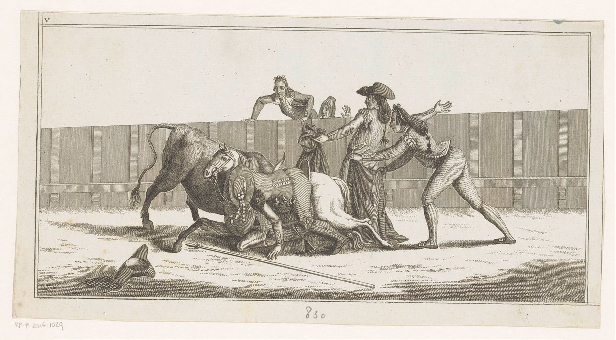 Picador spadł z konia Coleccion de las principales suertes de una corrida de toros (tytuł serii na obiekcie) Zbiór najważniejszych manewrów walki byków (tytuł serii) autorstwa Anonymous