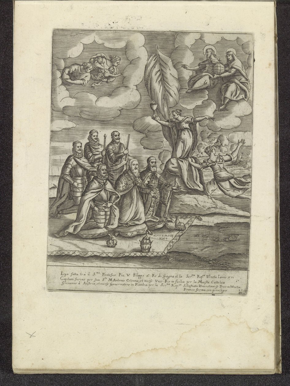 Pius V, Filip II, Alvise I Mocenigo, Sebastiano Vernier, Marcantonio Colonna i Don Juan z Austrii klęczący przed wiarą Sceny z życia weneckiego (tytuł serii) Habiti d