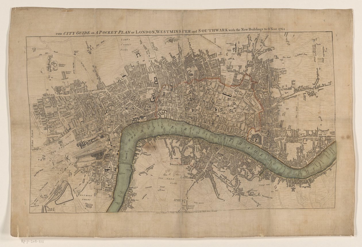 Plattegrond van Londen, 1761 Przewodnik miejski czyli kieszonkowy plan Londynu, Westminsteru i Southwarku z nowymi budynkami do roku 1761 (tytuł na obiekcie) autorstwa Anonymous