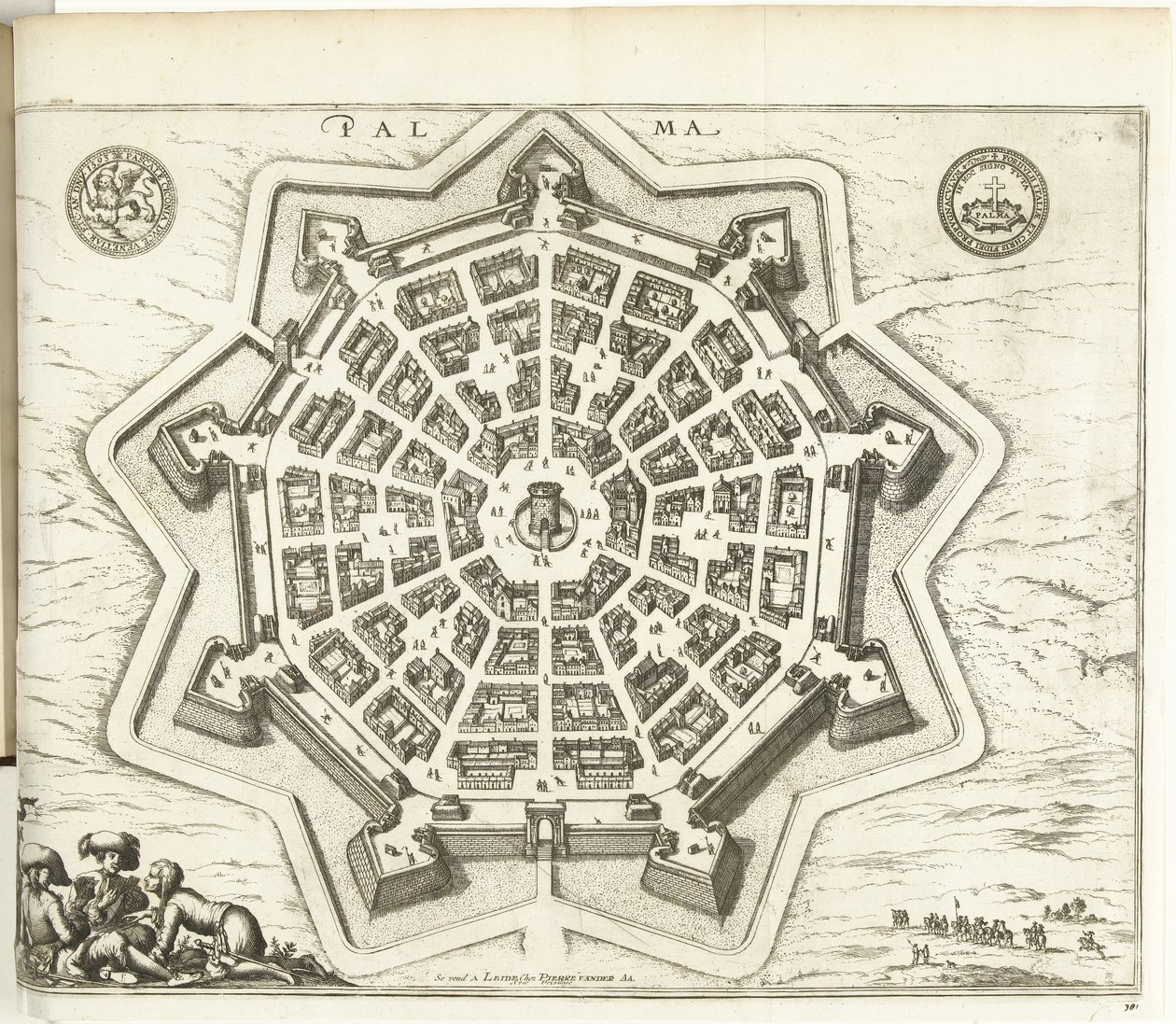 Plattegrond van Palmanova, 1726 Palma (tytuł na obiekcie) Siły Europy, Azji, Afryki i Ameryki (...) Jak również mapy Wybrzeży Francji i Hiszpanii (tytuł serii na obiekcie) autorstwa Anonymous