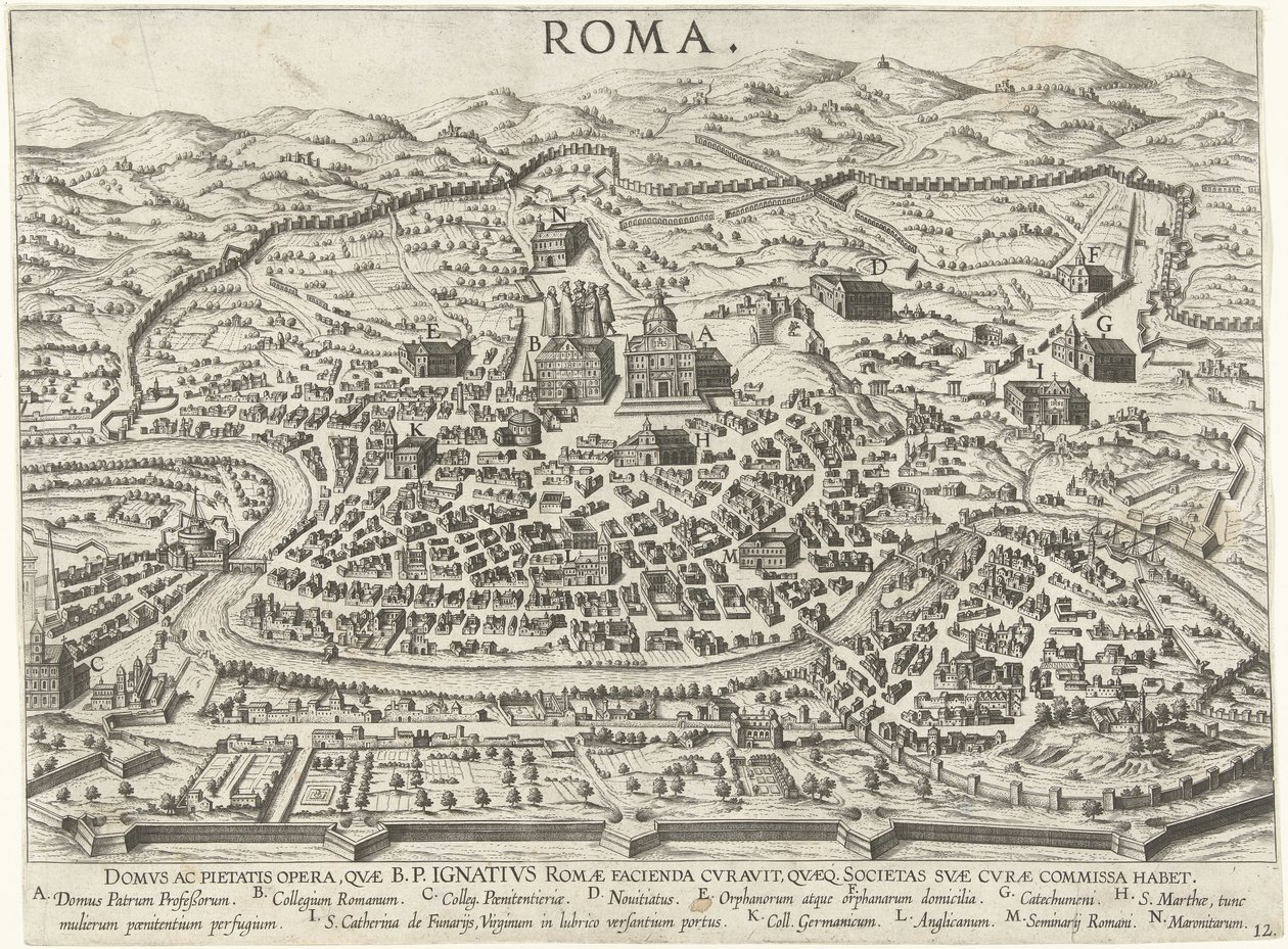 Mapa Rzymu przedstawiająca fundamenty Ignacego Loyoli Vita beati patris Ignatii Loyolae (tytuł serii) Sceny z życia Ignacego Loyoli (tytuł serii) autorstwa Anonymous