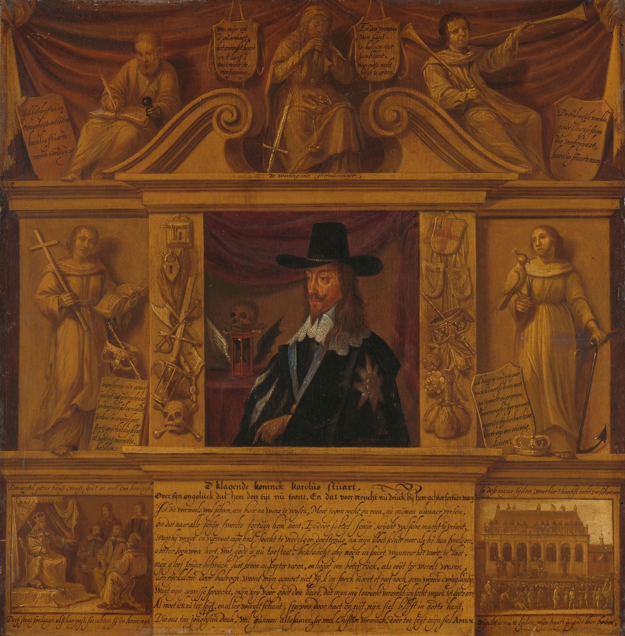 Portret Karola I, króla Anglii, w ramce z alegorycznymi postaciami i przedstawieniami historycznymi autorstwa Anonymous